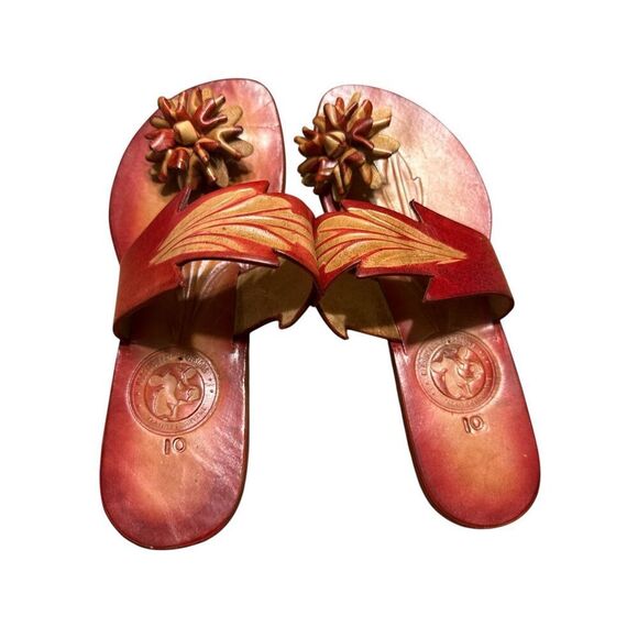 Klassic Leather Designs Red Leather Womens Sandals Sanvitalia Toe Post With leaf - Picture 3 of 6